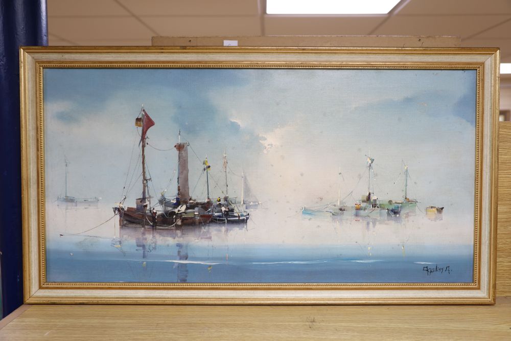 Jorge Aquilar-Agon (1936-), oil on canvas, Calm Mooring, signed, Frost and Reed label verso, 39 x 79cm